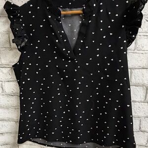 Black Heart-Print V-Neck Ruffle Sleeve Blouse